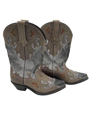 Rockin Country Cowboy Boots Cowgirl Leather Embroidered Brown & Gray Womens 6.5